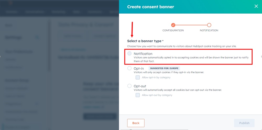 TermsFeed HubSpot - Create consent banners - Notification step - Select a banner type highlighted