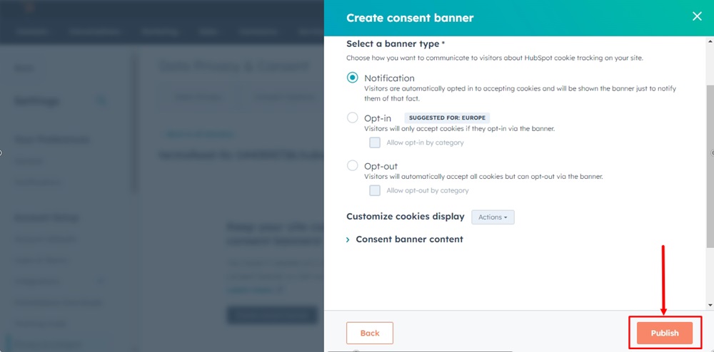 TermsFeed HubSpot - Create consent banners - Notification steps - Publish highlighted