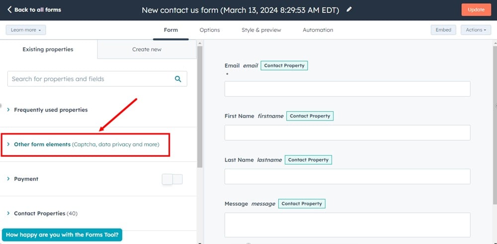 TermsFeed HubSpot - Forms - Edit form - Existing properties - Other form elements highlighted
