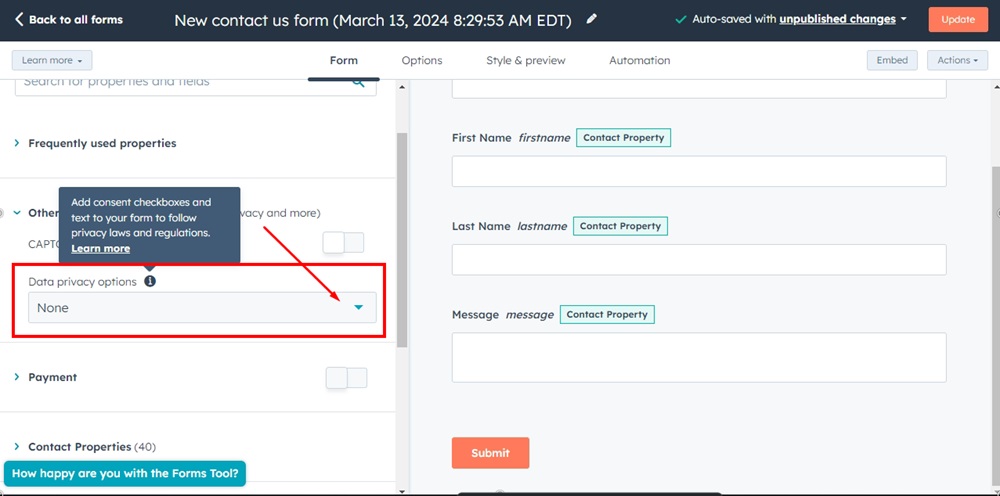 TermsFeed HubSpot - Forms - Edit form - Existing properties - Other form elements - Open data privacy options highlighted