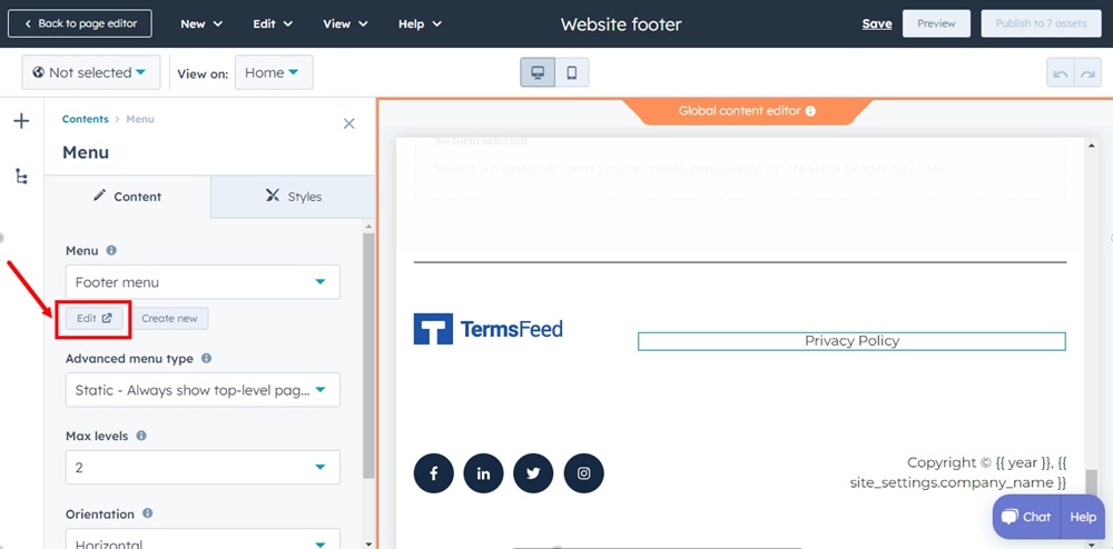 TermsFeed HubSpot - Home page - Footer - Edit global content - Footer menu - Edit  highlighted