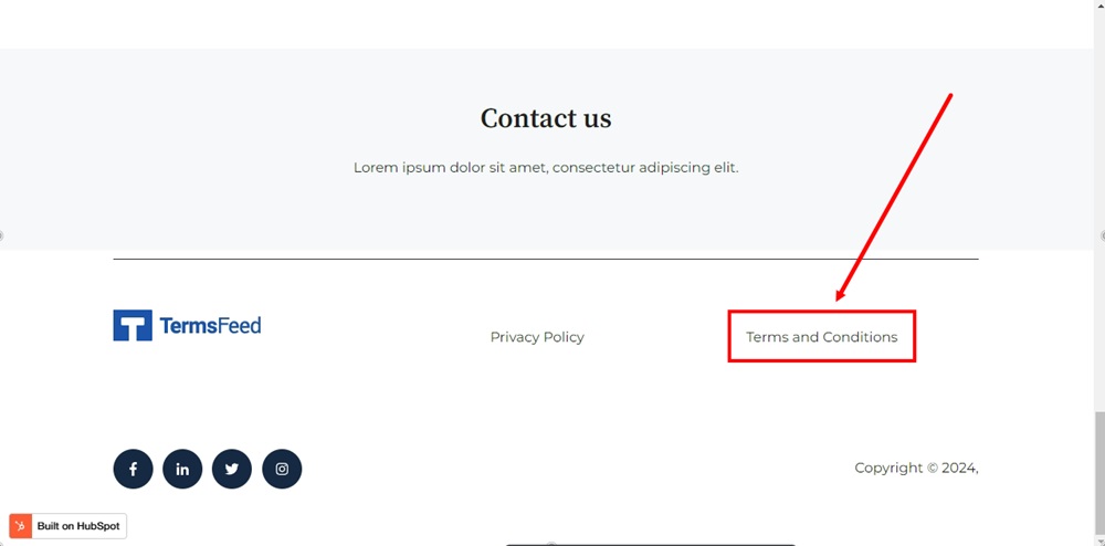 TermsFeed HubSpot - Home page - Footer - Live Preview - Terms and Conditions URL linked and displayed
