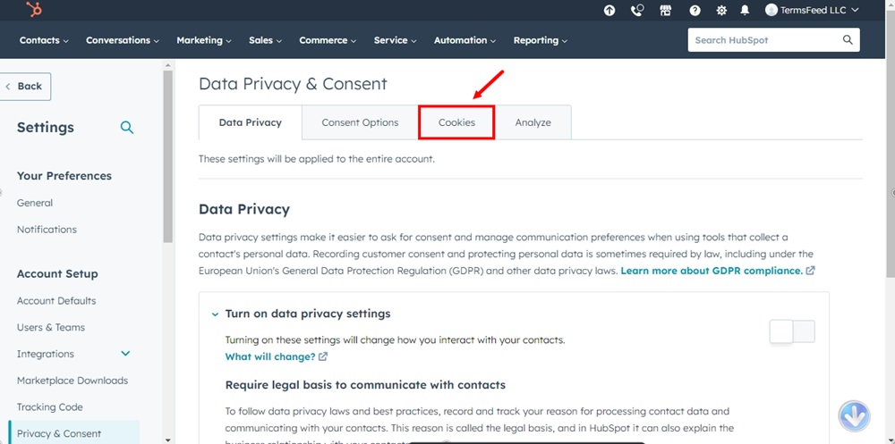 TermsFeed HubSpot - Settings - Account Setup - Privacy and Consent - Cookies tab