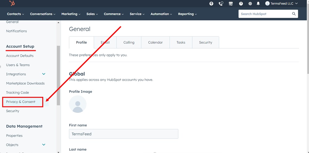 TermsFeed HubSpot - Settings - Account Setup - Privacy and Consent