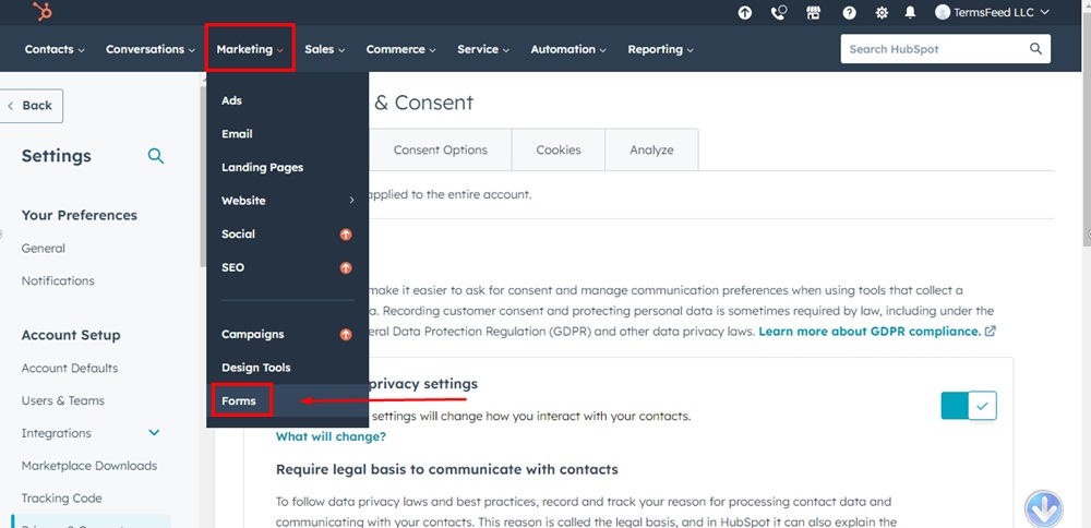 TermsFeed HubSpot - Settings - Data Privacy enabled  - Marketing - Forms highlighted