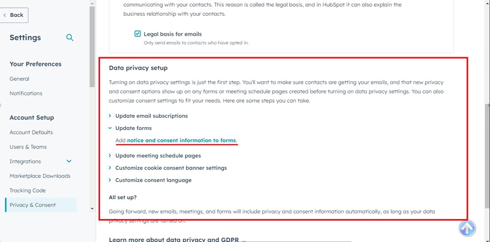 TermsFeed HubSpot - Settings - Data Privacy tab - Turn ON settings - Saved - The setup list shown - Update forms highlighted