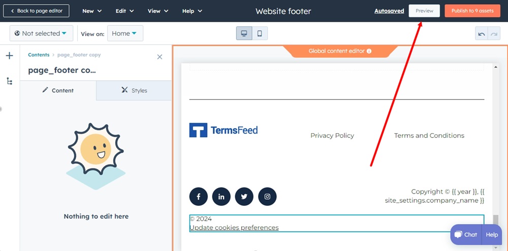 TermsFeed HubSpot - Website Pages - Home page - Edit - Footer - Open global content editor - Added new module - footer page copy - Preview