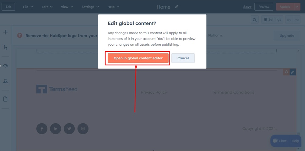 TermsFeed HubSpot - Website Pages - Home page - Edit - Footer - Open global content editor button highlighted