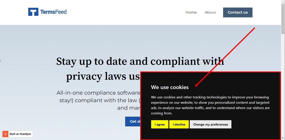 TermsFeed HubSpot - Website Pages - Home page - Live Preview of the Cookie Consent banner displayed