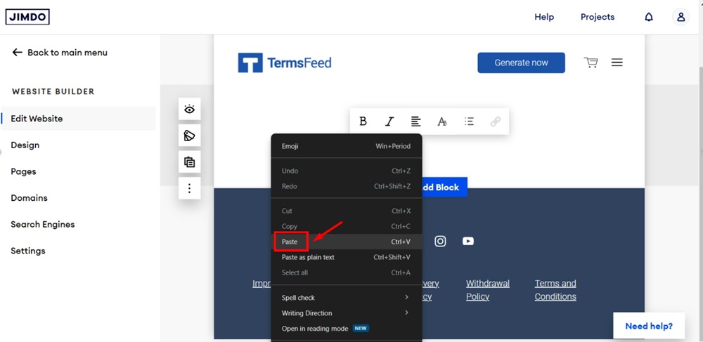TermsFeed Jimdo - Website Builder - Pages - Contractual Pages - Terms and Conditions - guide text - deleted - paste highlighted
