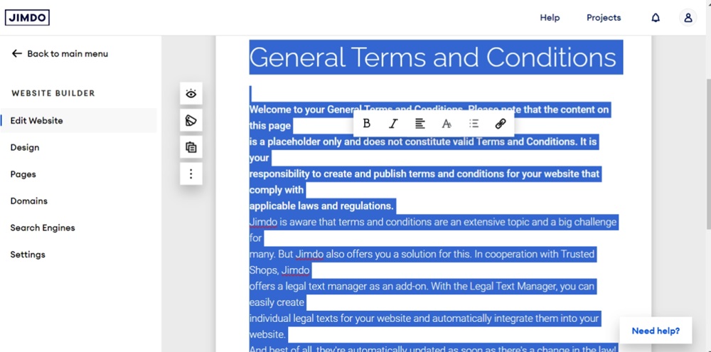TermsFeed Jimdo - Website Builder - Pages - Contractual Pages - Terms and Conditions - guide text selected