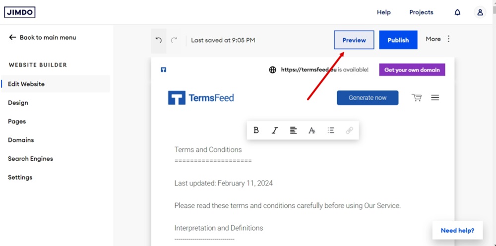 TermsFeed Jimdo - Website Builder - Pages - Contractual Pages - Terms and Conditions text pasted - Preview highlighted