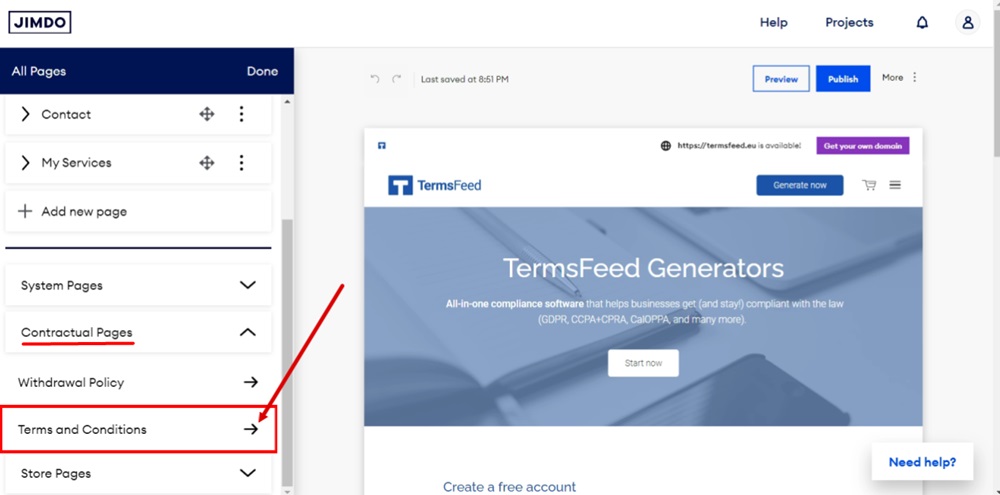 TermsFeed Jimdo - Website Builder - Pages - Contractual Pages - Terms and Conditions