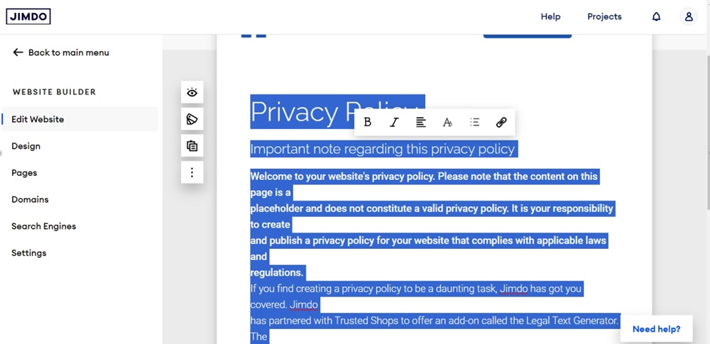 TermsFeed Jimdo - Website Builder - Pages - System Pages - Privacy Policy - guide text selected
