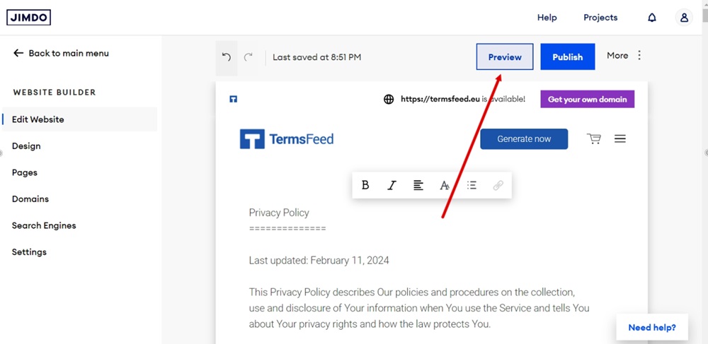 TermsFeed Jimdo - Website Builder - Pages - System Pages - Privacy Policy text pasted - Preview highlighted