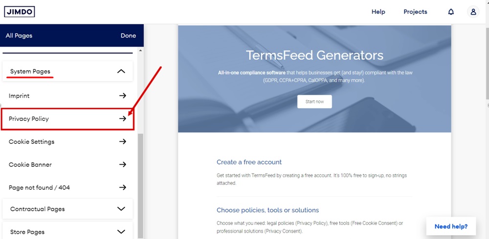 TermsFeed Jimdo - Website Builder - Pages - System Pages - Privacy Policy