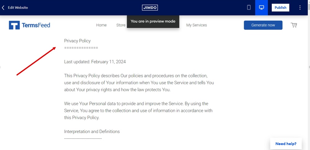 TermsFeed Jimdo - Privacy Policy page with updated text displayed on the preview