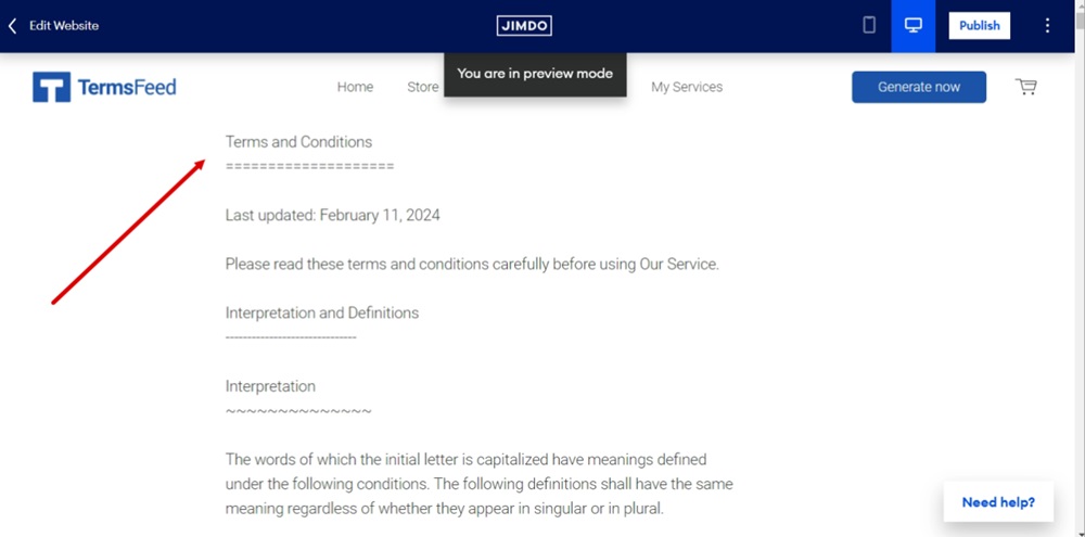 TermsFeed Jimdo - Terms and Conditions page with updated text displayed on the preview