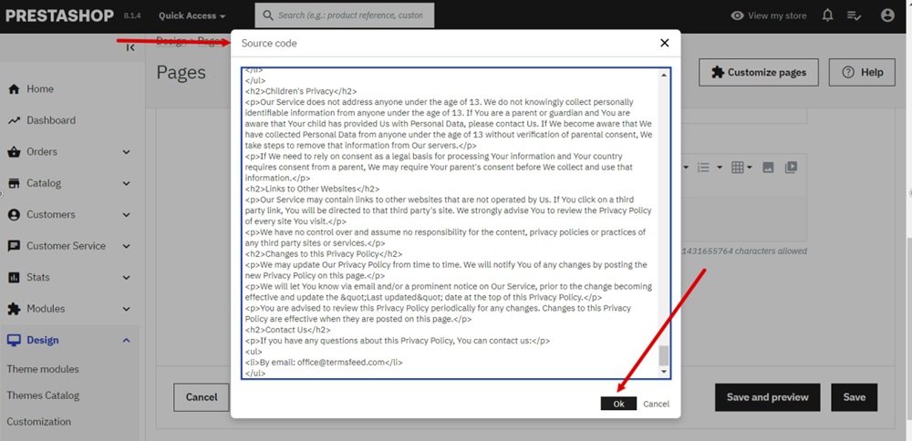 TermsFeed PrestaShop - Design - Pages - Add a new page -  Privacy Policy - content - source code - pasted - OK