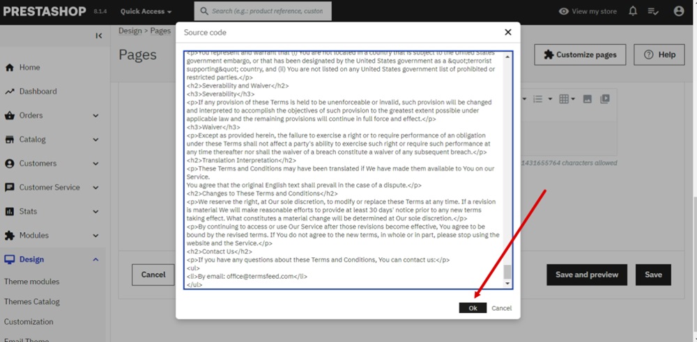 TermsFeed PrestaShop - Design - Pages - Terms and Conditions - content - source code - pasted - OK