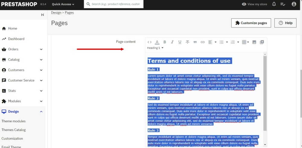 TermsFeed PrestaShop - Design - Pages - Terms and Conditions of Use - Edit content - select and delete all