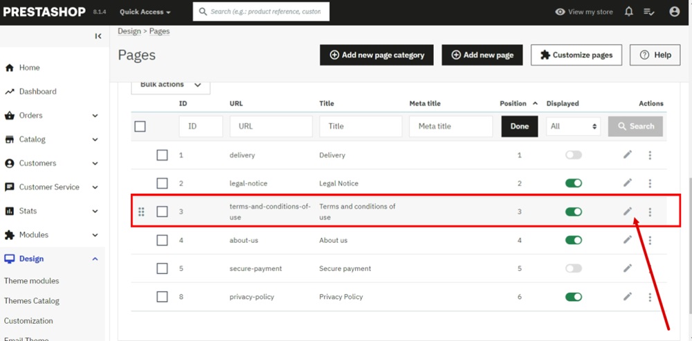 TermsFeed PrestaShop - Design - Pages - Terms and Conditions of Use - Edit selected