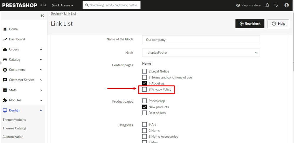 TermsFeed PrestaShop - Design - Theme modules - Home page - Footer - Link List - Configure - Company - Edit - Content pages - Privacy Policy - checkmark