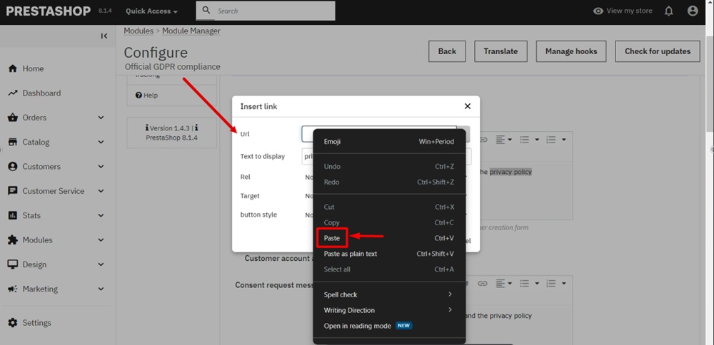TermsFeed PrestaShop - Official GDPR Compliance - Configure - Consent Checkbox Customization - Privacy Policy link paste