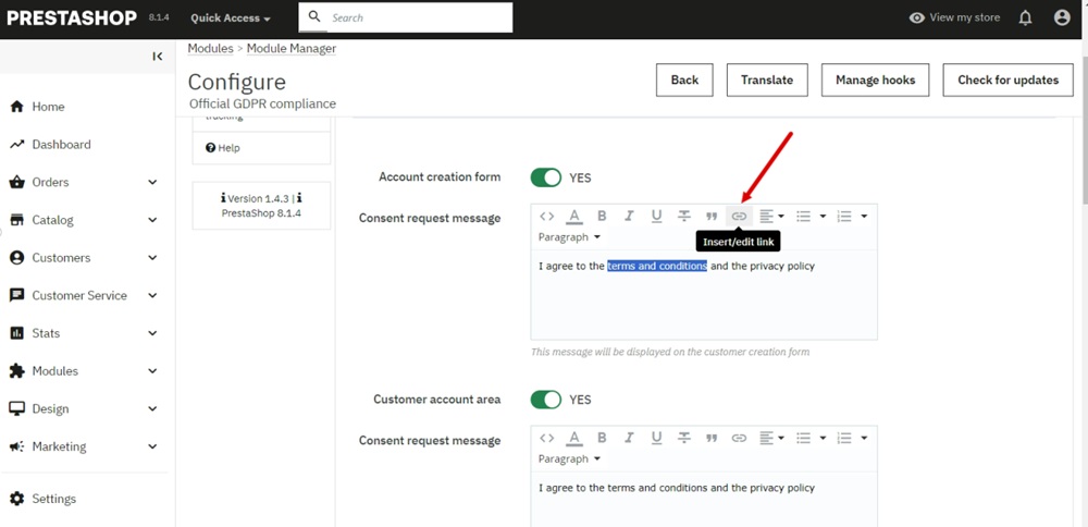 TermsFeed PrestaShop - Official GDPR Compliance - Configure - Consent Checkbox Customization - Terms and Conditions selected with link icon highlighted