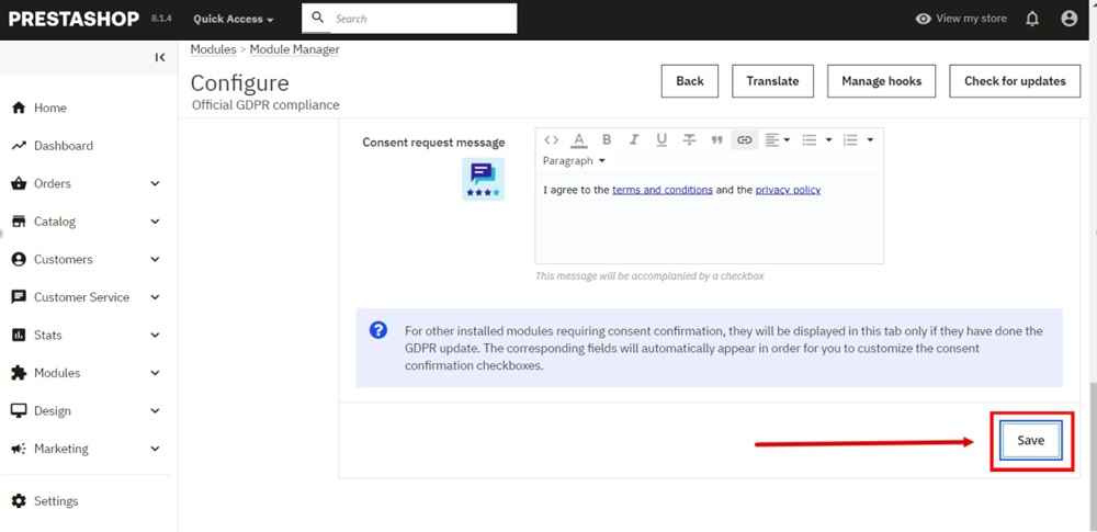 TermsFeed PrestaShop - Official GDPR Compliance - Configure - Consent Checkbox Customization - messages added - Save