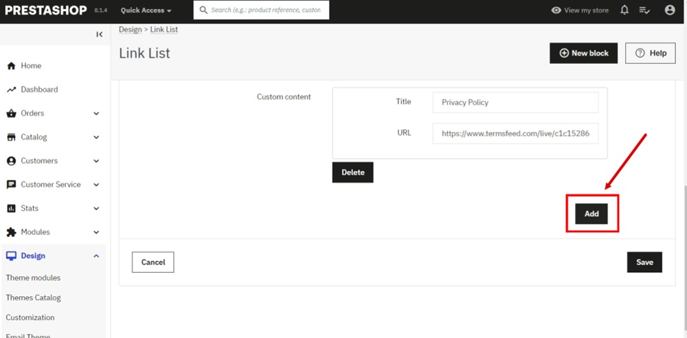 TermsFeed PrestaShop - Link List - Custom content - Add