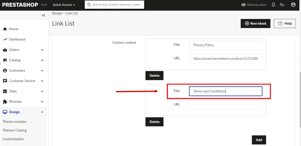 TermsFeed PrestaShop - Link List - Edit - Custom content - title - Terms and Conditions