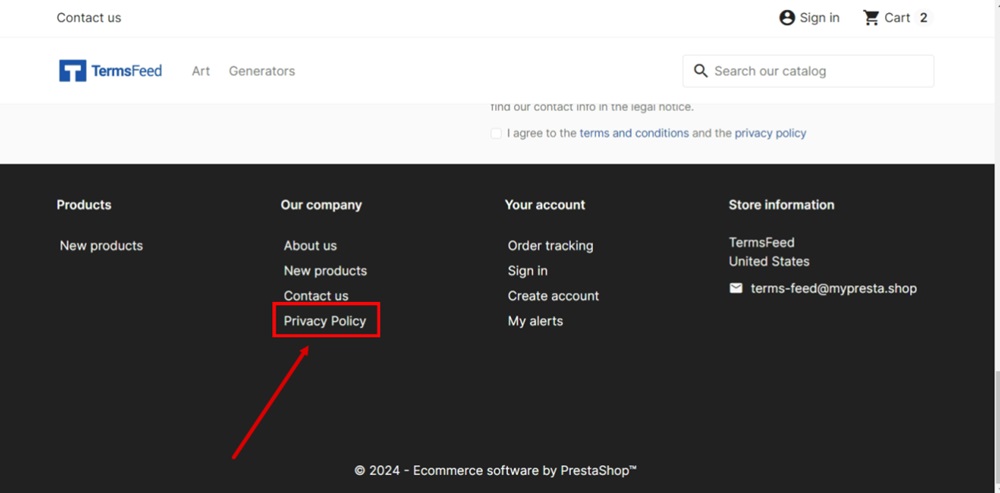 TermsFeed PrestaShop - Link List - Edited - View my store - Privacy Policy linked and displayed in the footer
