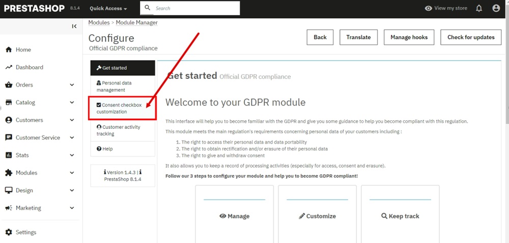 TermsFeed PrestaShop - Module Manager - Official GDPR Compliance - Configure - Consent Checkbox Customization