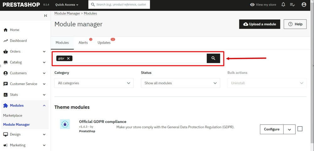 TermsFeed PrestaShop - Module Manager - search for GDPR module