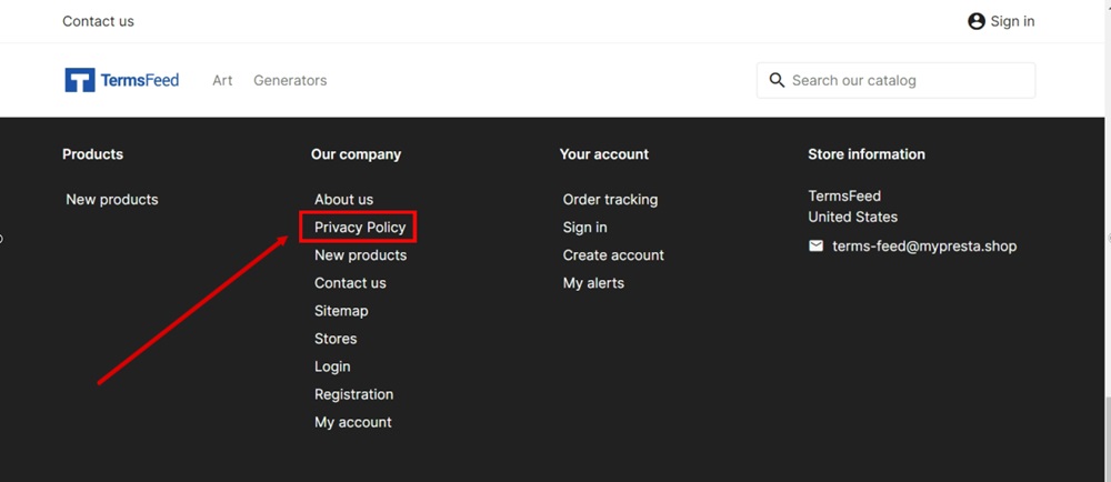 TermsFeed PrestaShop - The footer preview with the Privacy Policy linked and displayed
