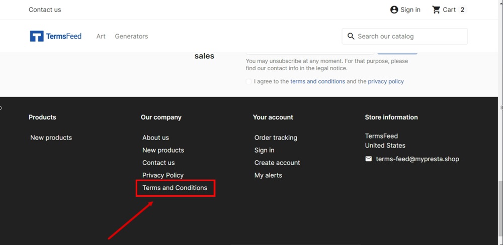 TermsFeed PrestaShop - View my store - footer - Terms and Conditions URL displayed
