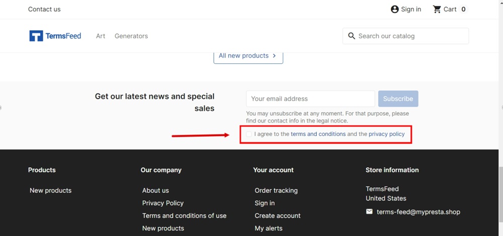 TermsFeed PrestaShop - View my store - I agree checkbox with accept terms and privacy displayed before the subscribe button