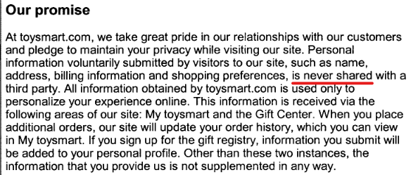 Toysmart court case Privacy Policy excerpt