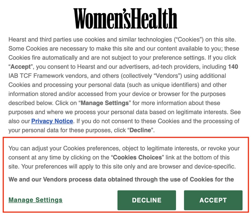 Womens Health Magazine Cookie Consent Notice