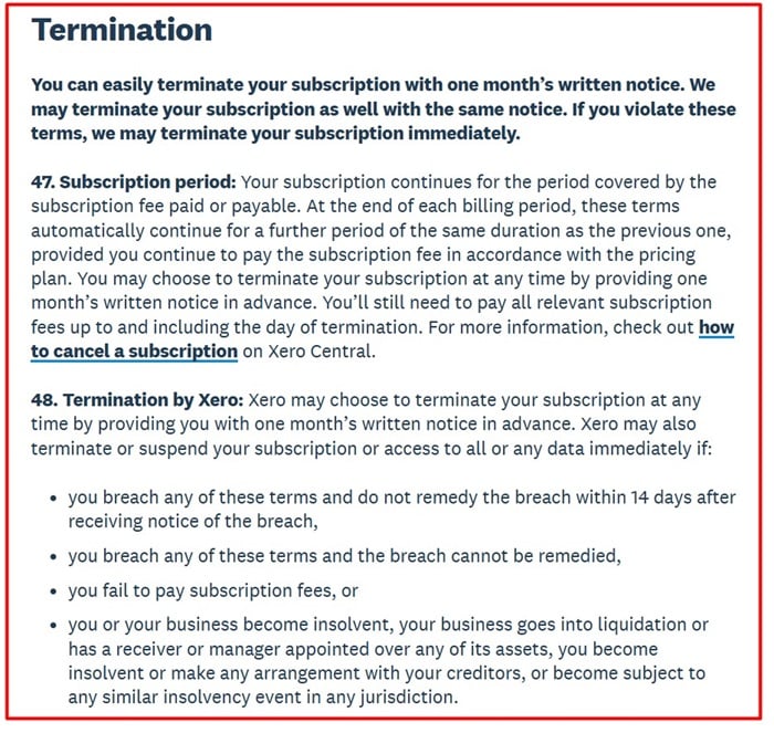 Xero Terms of Use: Termination clause