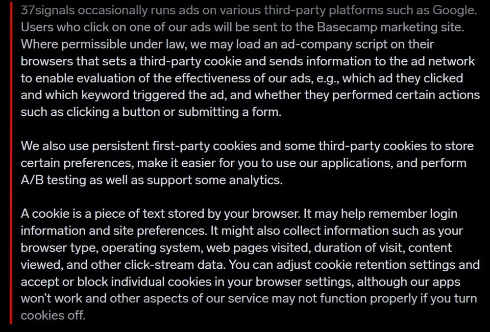 37signals Privacy Policy: Cookies clause