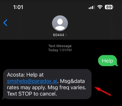 Screenshot of marketing text message from Acosta