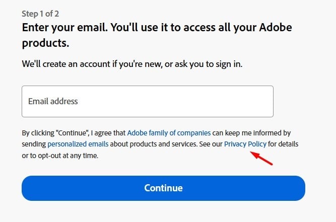 Adobe email sign up form with Privacy Policy link highlighted