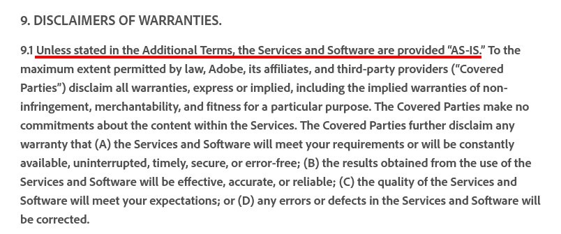Adobe Terms of Use Warranty clause with As Is highlighted