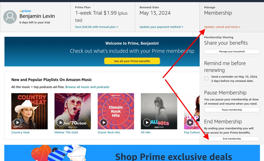 Amazon Prime membership profile page