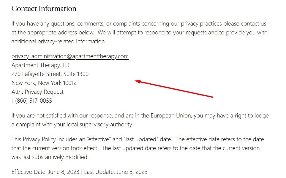 Apartment Therapy Privacy Policy: Contact information clause