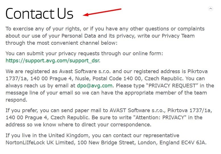 AVG Privacy Policy: Contact clause