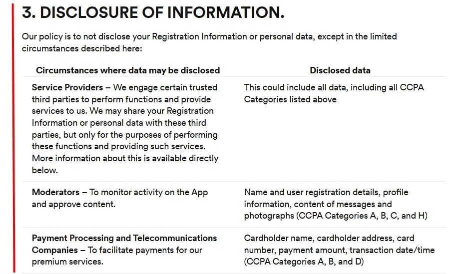 Bumble Privacy Policy: Disclosure of information clause