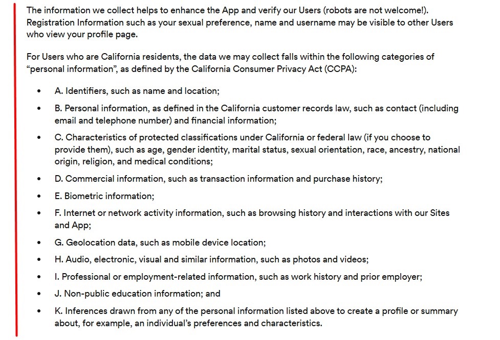 Bumble Privacy Policy: Information collected clause